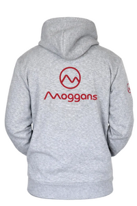 Gray hoodie with red logo and text on the back against a white background