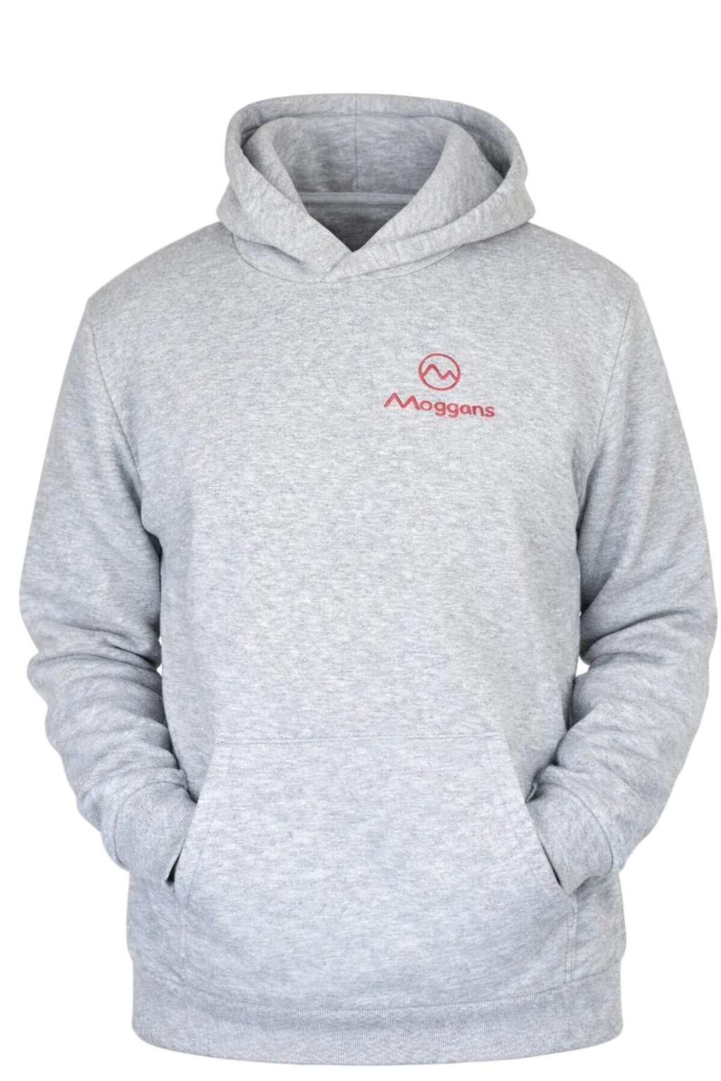 Gray hoodie with a red logo on a white background