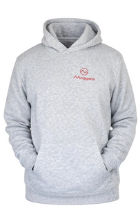 Gray hoodie with a red logo on a white background