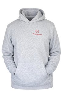 Gray hoodie with a red logo on a white background