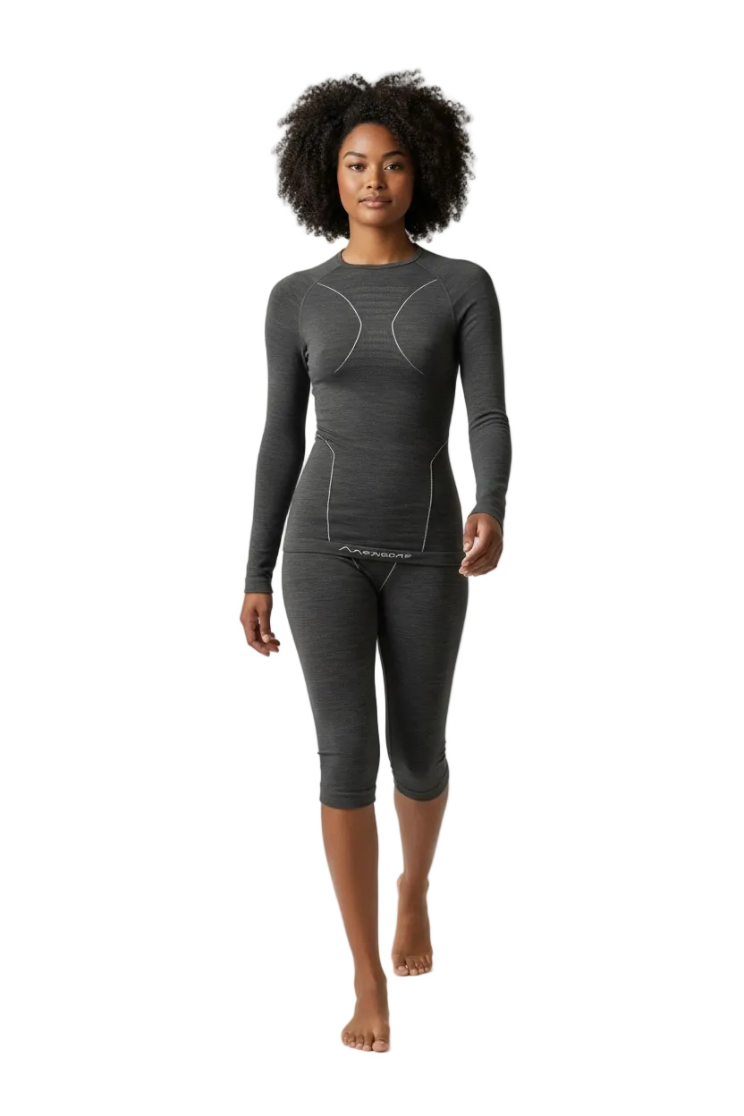Women's Moggans Schiehallion Merino Wool Base Layer shown flat, highlighting seamless construction and premium Merino wool blend for cold-weather performance.
