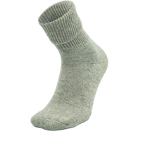beluga grey, ribbed, crew-length Moggans Cashmere Luxury Bed Sock — made in Scotland — set against a white background.