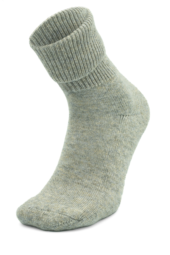 beluga grey, ribbed, crew-length Moggans Cashmere Luxury Bed Sock — made in Scotland — set against a white background.
