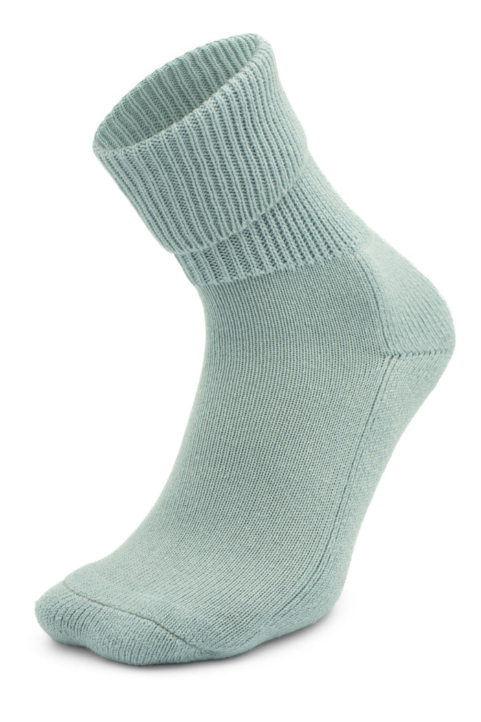 dusty miller, ribbed, crew-length Moggans Cashmere Luxury Bed Sock — made in Scotland — set against a white background.