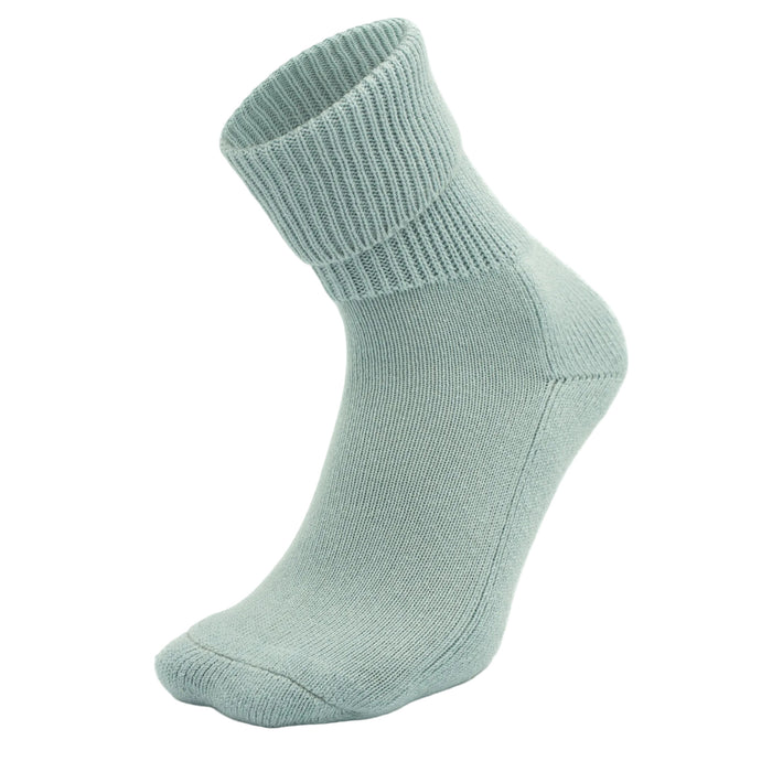 dusty miller, ribbed, crew-length Moggans Cashmere Luxury Bed Sock — made in Scotland — set against a white background.