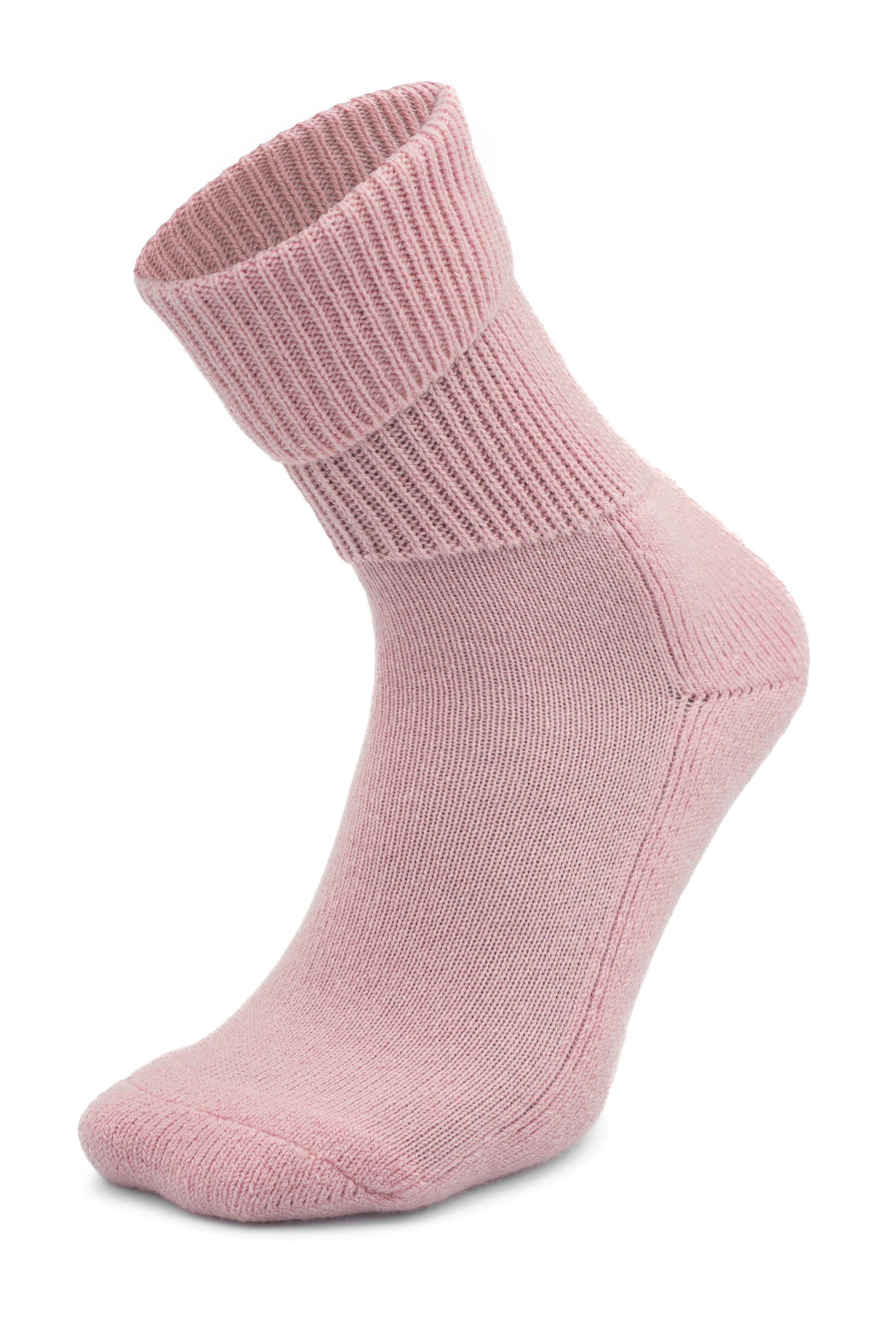 glamour pink, ribbed, crew-length Moggans Cashmere Luxury Bed Sock — made in Scotland — set against a white background.