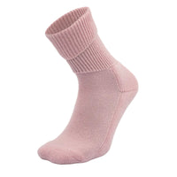glamour pink, ribbed, crew-length Moggans Cashmere Luxury Bed Sock — made in Scotland — set against a white background.