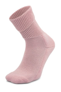 glamour pink, ribbed, crew-length Moggans Cashmere Luxury Bed Sock — made in Scotland — set against a white background.