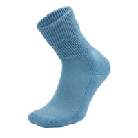 Studio Blue, ribbed, crew-length Moggans Cashmere Luxury Bed Sock — made in Scotland — set against a white background.