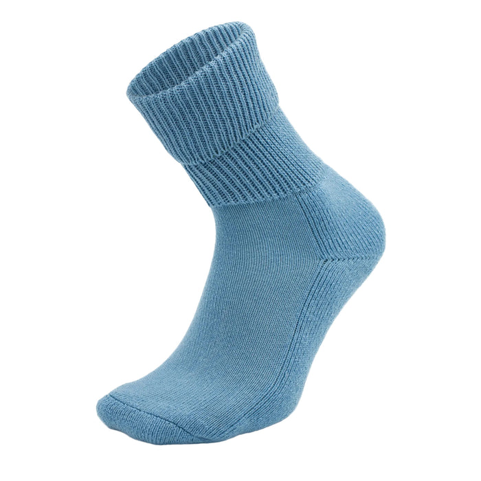 Studio Blue, ribbed, crew-length Moggans Cashmere Luxury Bed Sock — made in Scotland — set against a white background.