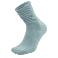 zen-grey ribbed, crew-length Moggans Cashmere Luxury Bed Sock — made in Scotland — set against a white background.