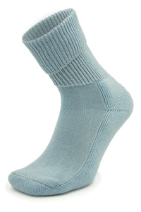 zen-grey ribbed, crew-length Moggans Cashmere Luxury Bed Sock — made in Scotland — set against a white background.