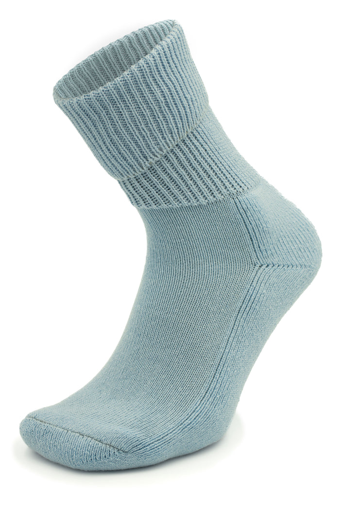 zen-grey ribbed, crew-length Moggans Cashmere Luxury Bed Sock — made in Scotland — set against a white background.