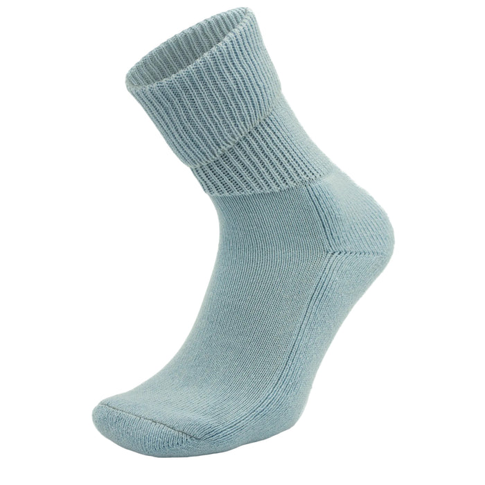 zen-grey ribbed, crew-length Moggans Cashmere Luxury Bed Sock — made in Scotland — set against a white background.