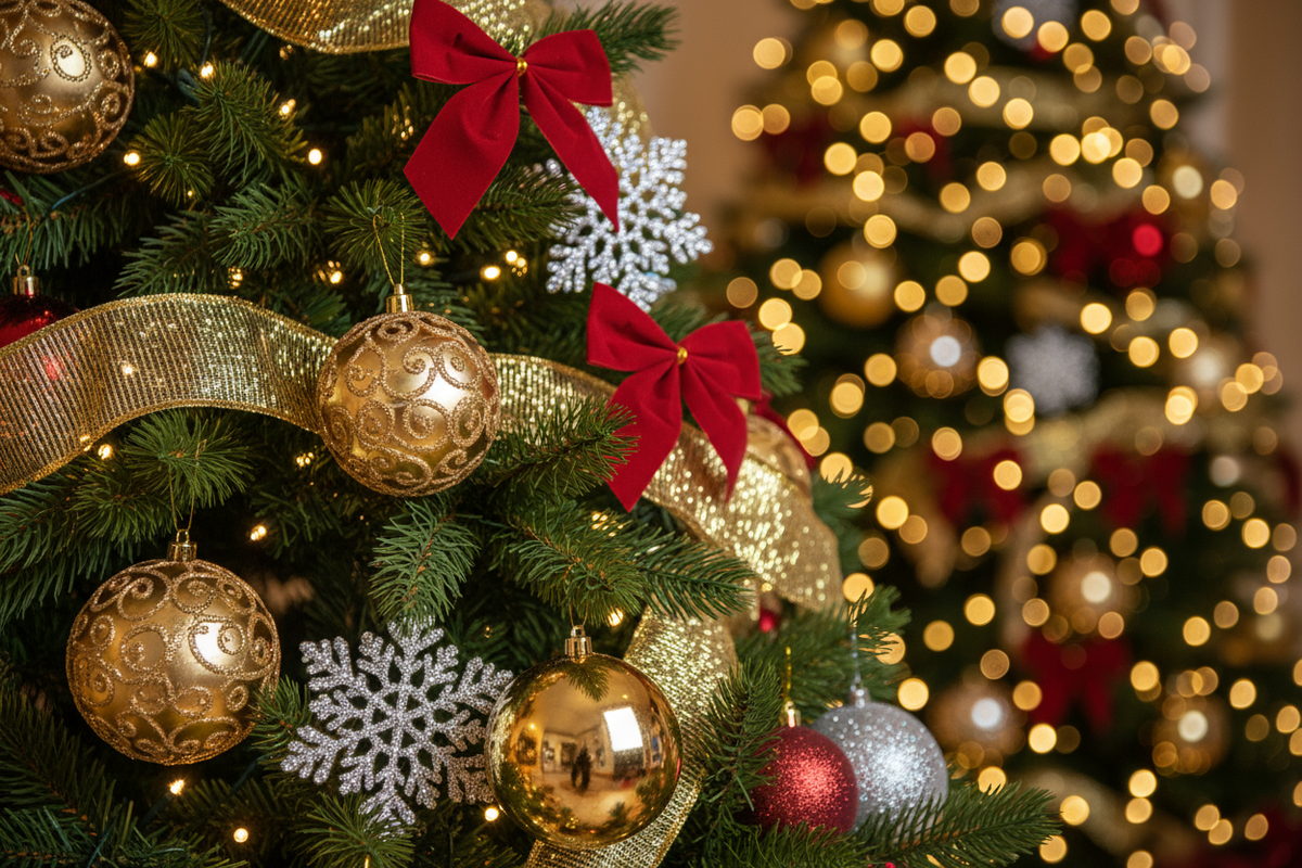 close up on christmas tree and decorations