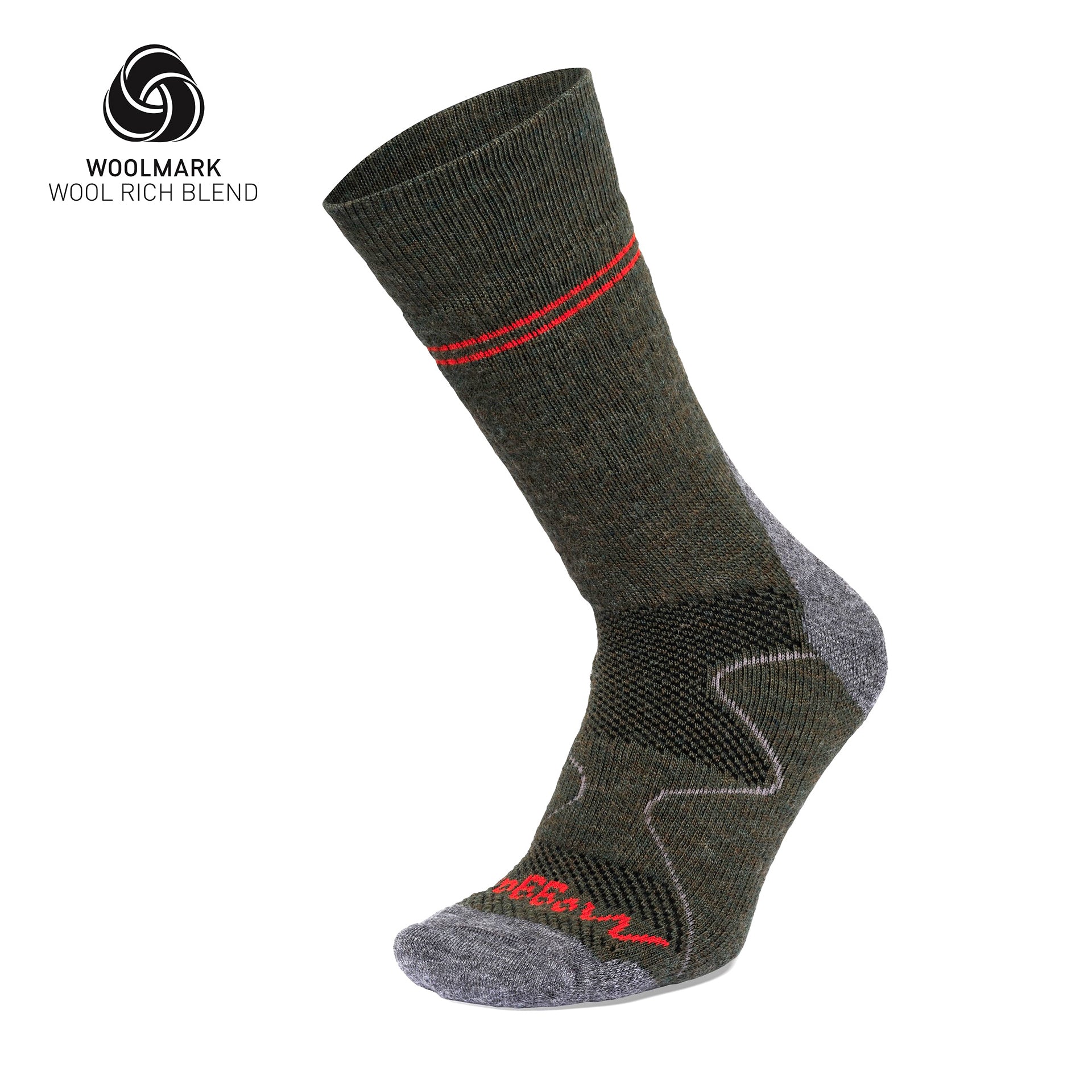 A single dark green and gray Moggans Hiking Full Cushion Merino Crew Sock with red accents is displayed upright. It features ribbed and textured sections for support and shows the Woolmark Wool Rich Blend logo in the top left corner.