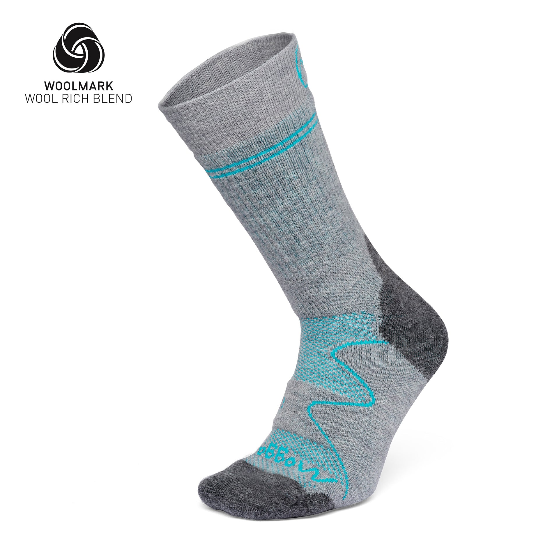 The Moggans Hiking Full Cushion Merino Crew Sock is gray with turquoise accents, a dark gray heel and toe, and features the Woolmark logo—ideal for cold weather thanks to its wool-rich Merino material.