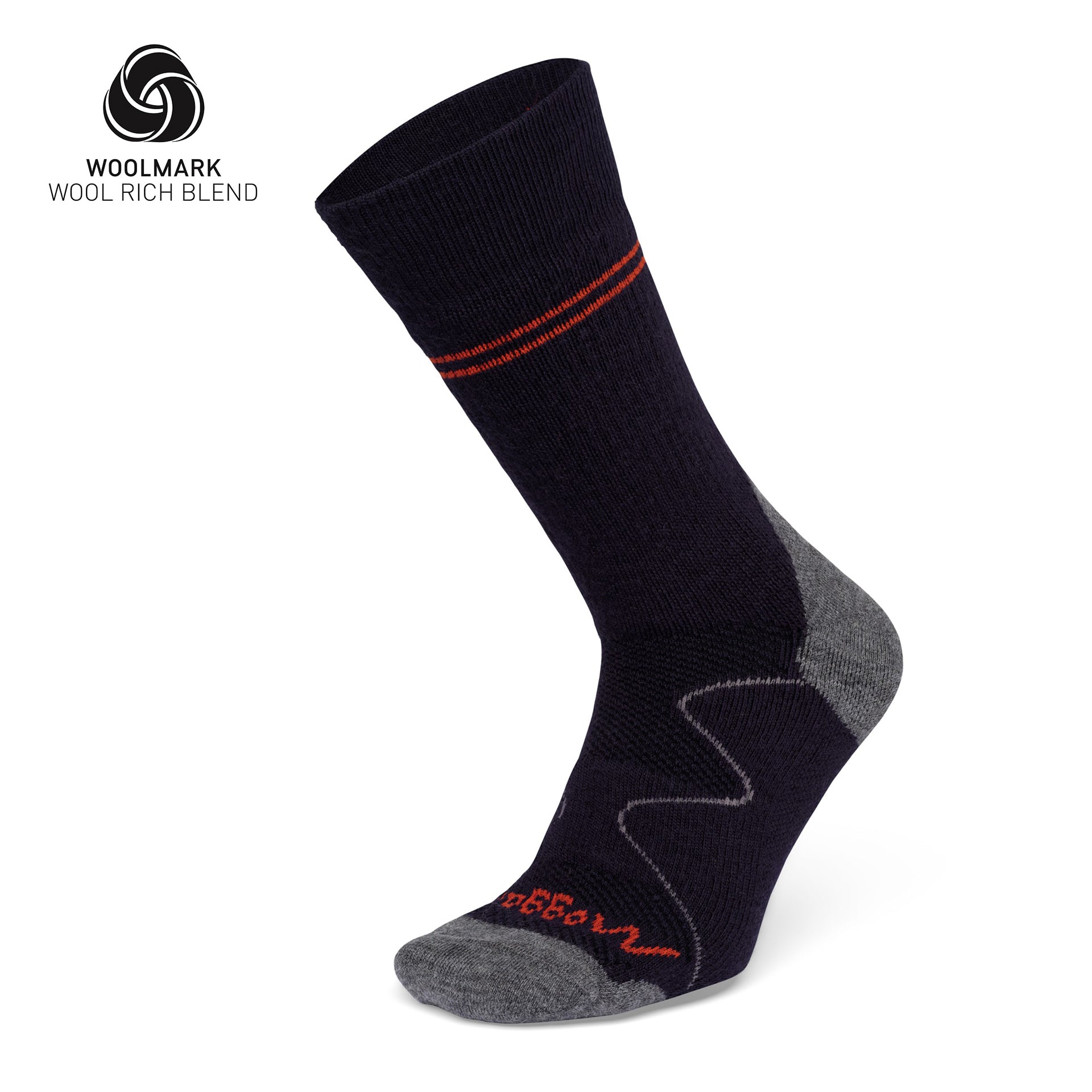 The Moggans Hiking Full Cushion Merino Crew Sock features dark blue and gray colors, red stripes at the top, red toe lettering, and the Woolmark logo—perfect for cold weather comfort and quality.