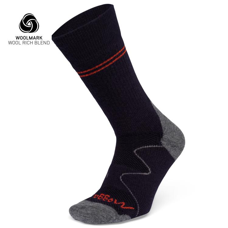 The Moggans Hiking Full Cushion Merino Crew Sock features dark blue and gray colors, red stripes at the top, red toe lettering, and the Woolmark logo—perfect for cold weather comfort and quality.