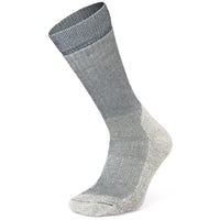 The Moggans Kids Merino Hiking Sock, shown in gray with a darker cuff and lighter heel and toe, is displayed upright on a white background—durable and cozy for young adventurers.