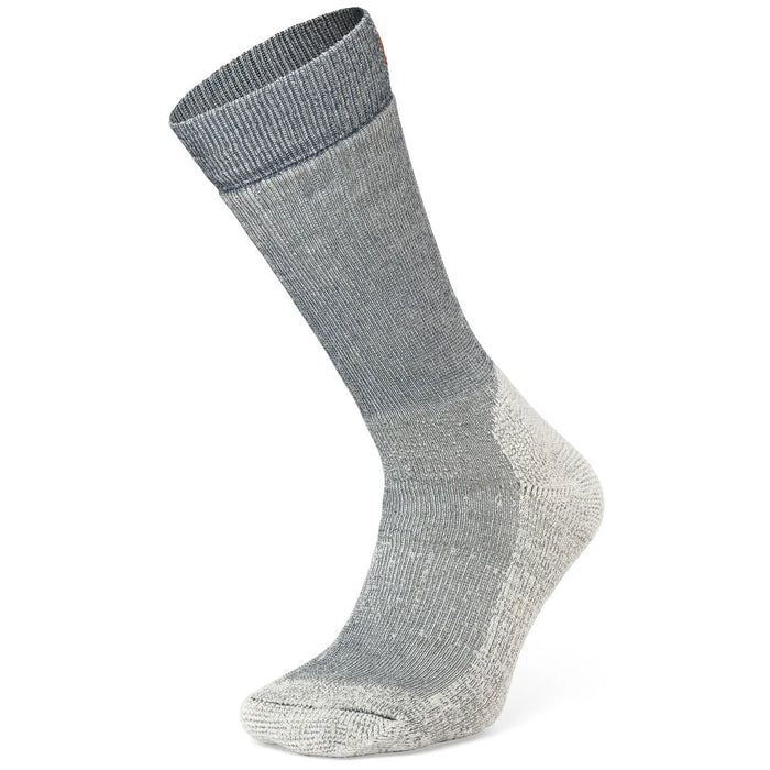 The Moggans Kids Merino Hiking Sock, shown in gray with a darker cuff and lighter heel and toe, is displayed upright on a white background—durable and cozy for young adventurers.