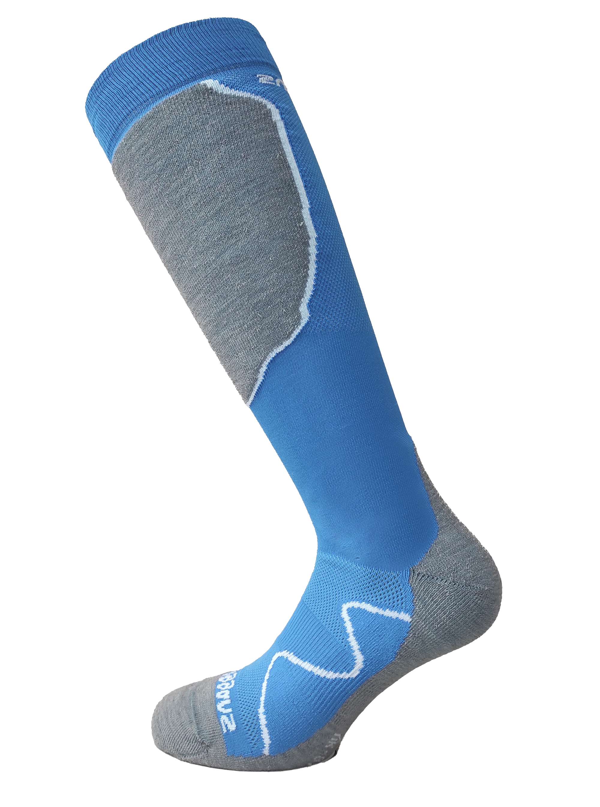 The Moggans Merino Advanced Light Cushion Ski Socks are lightweight, knee-high socks in blue and gray, featuring reinforced gray toe, heel, and shin plus stylish white accent lines for enhanced performance.