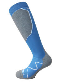 The Moggans Merino Advanced Light Cushion Ski Socks are lightweight, knee-high socks in blue and gray, featuring reinforced gray toe, heel, and shin plus stylish white accent lines for enhanced performance.