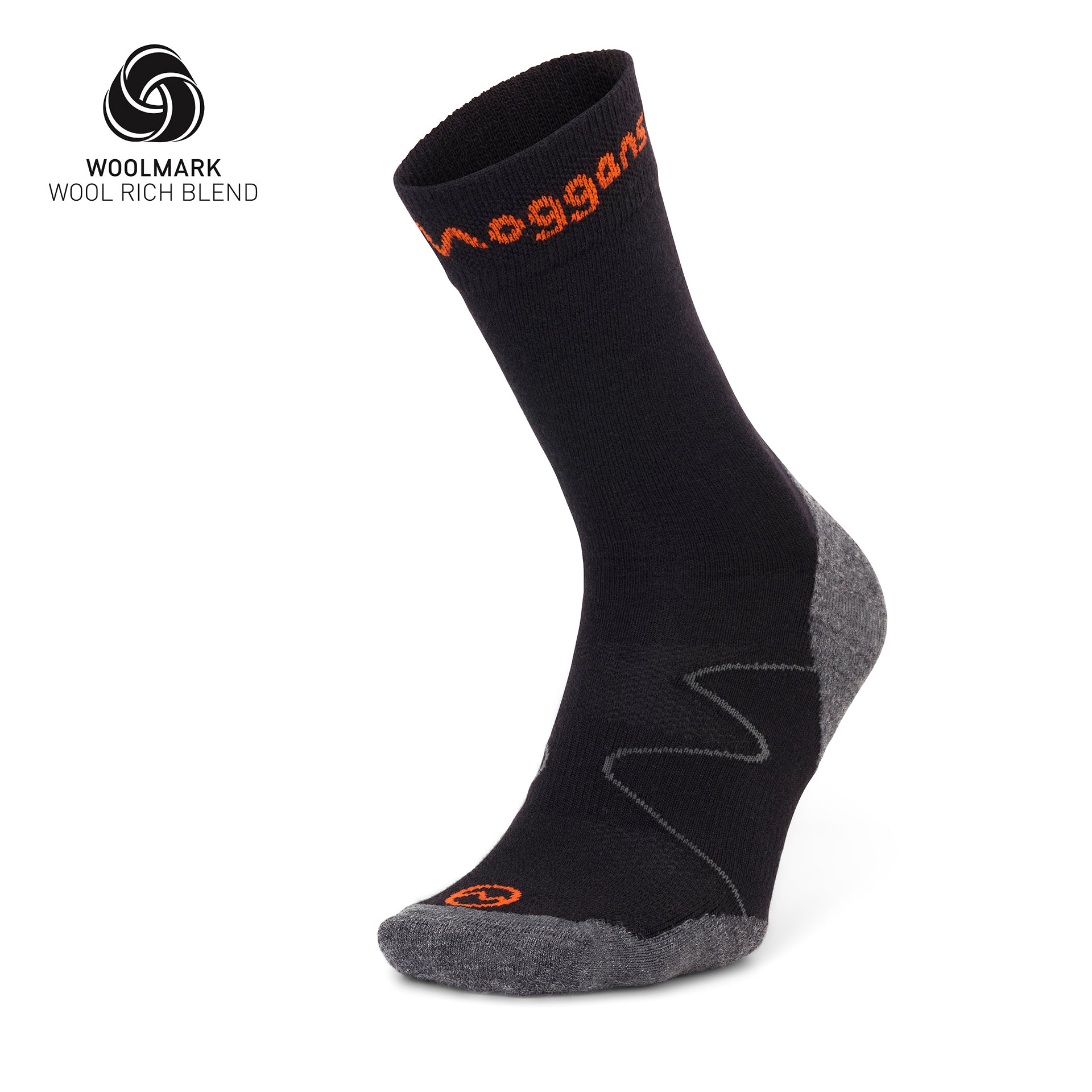 Black crew sock with gray heel and toe, featuring a Moggans logo on a white background.