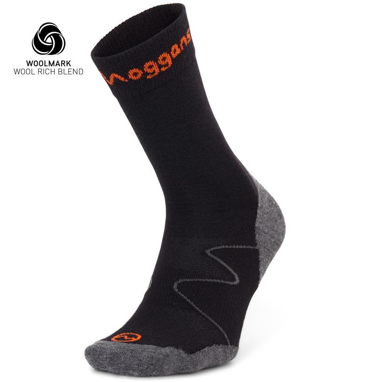 Black crew sock with gray heel and toe, featuring a Moggans logo on a white background.