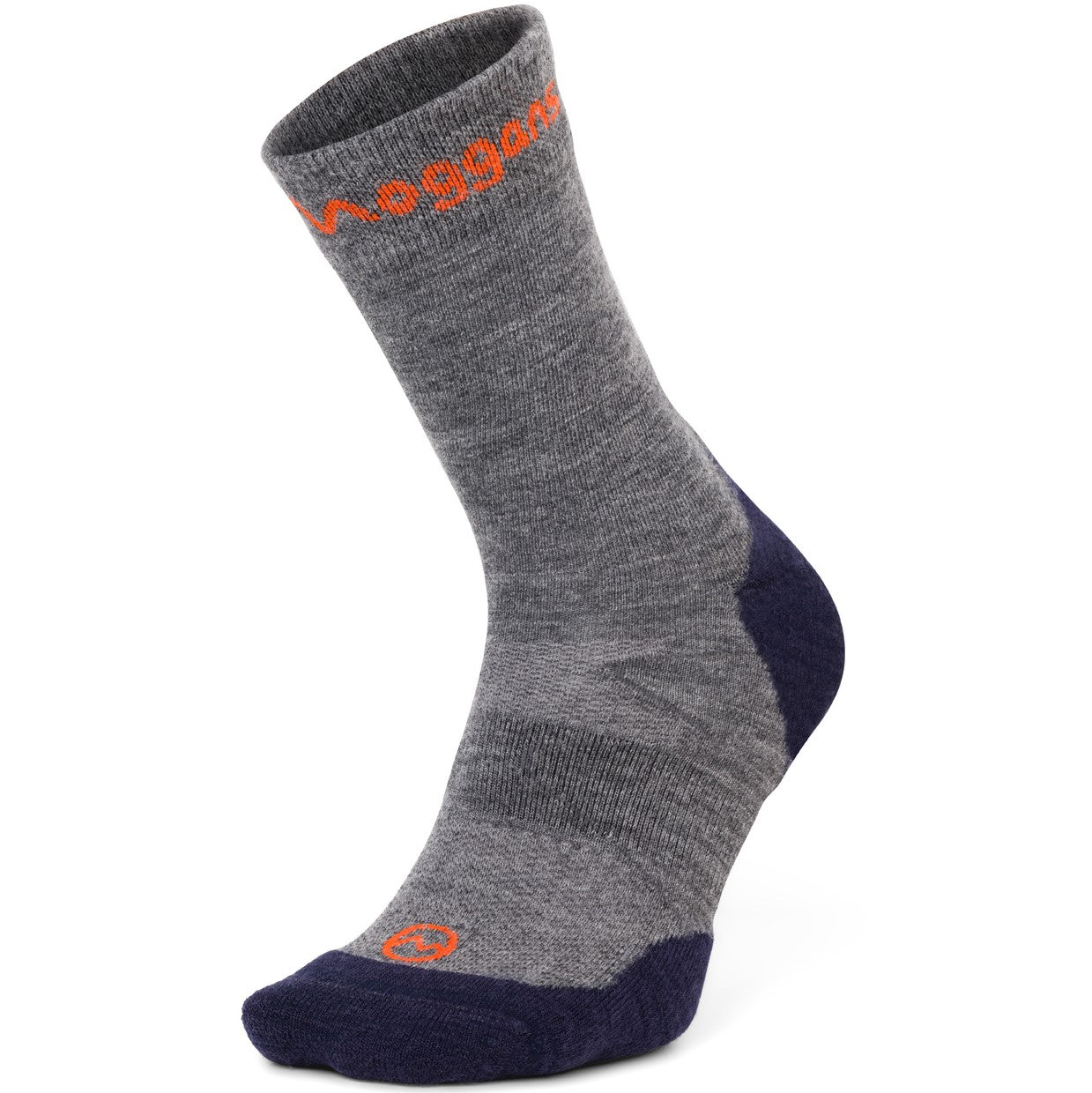 Gray crew sock with orange Moggans logo on a white background