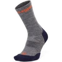Gray crew sock with orange Moggans logo on a white background