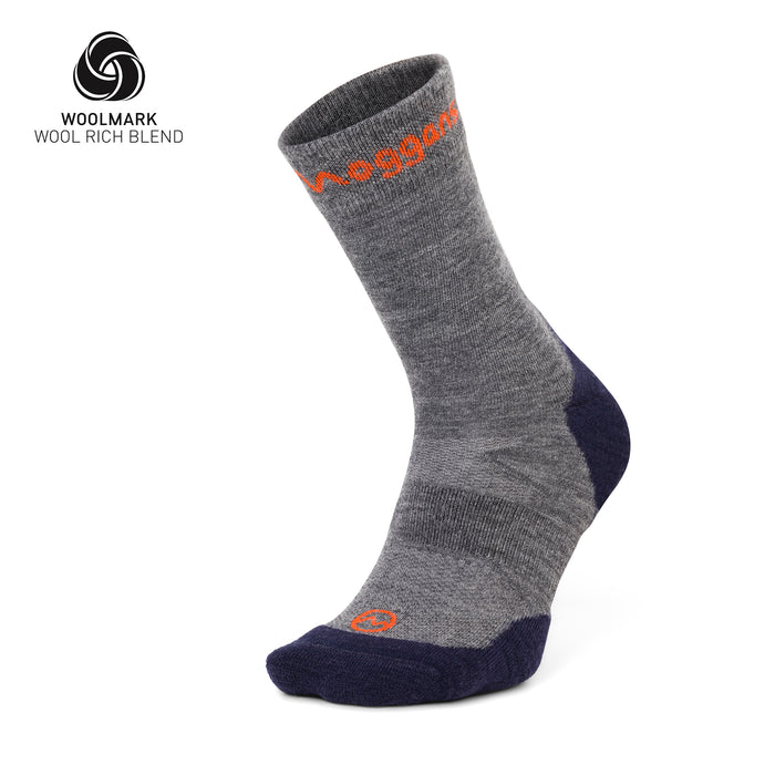 Gray crew sock with orange Moggans logo on a white background