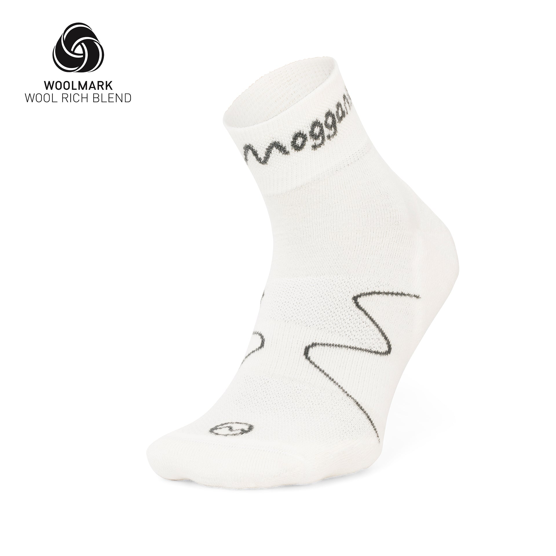 A single white Moggans Lightweight Merino Ankle Sock features black zigzag lines, the Moggans logo on the cuff, a small circular logo near the toe, moisture-wicking fabric, and Woolmark and Wool Rich Blend logos in the corner—ideal for running.
