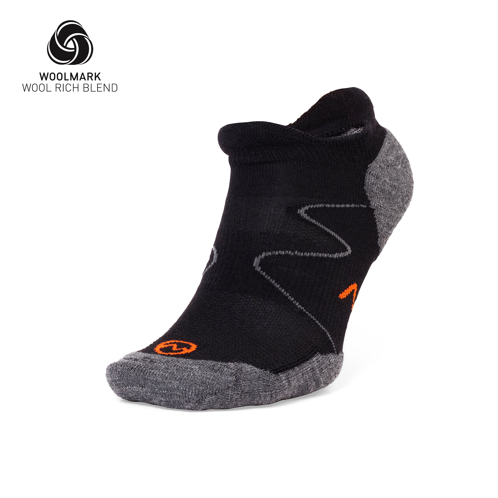 The Moggans Lightweight Merino No Show Socks are black and gray with orange accents, Woolmark-branded for a wool-rich blend. Designed for sports, they feature reinforced heel and toe areas for durability.