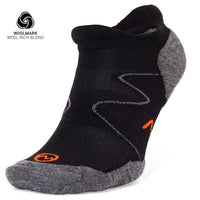 The Moggans Lightweight Merino No Show Socks are black and gray with orange accents, Woolmark-branded for a wool-rich blend. Designed for sports, they feature reinforced heel and toe areas for durability.