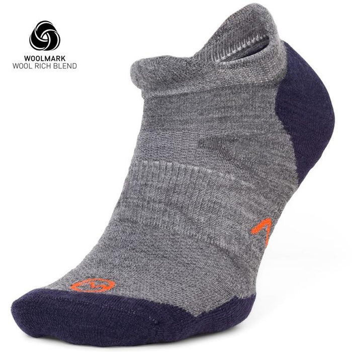 A single Moggans Lightweight Merino No Show Sock in gray and navy with orange accents, shown at an angle. Features invisible comfort and targeted cushioning. Woolmark logo and “Wool Rich Blend” text are displayed in the top left corner.