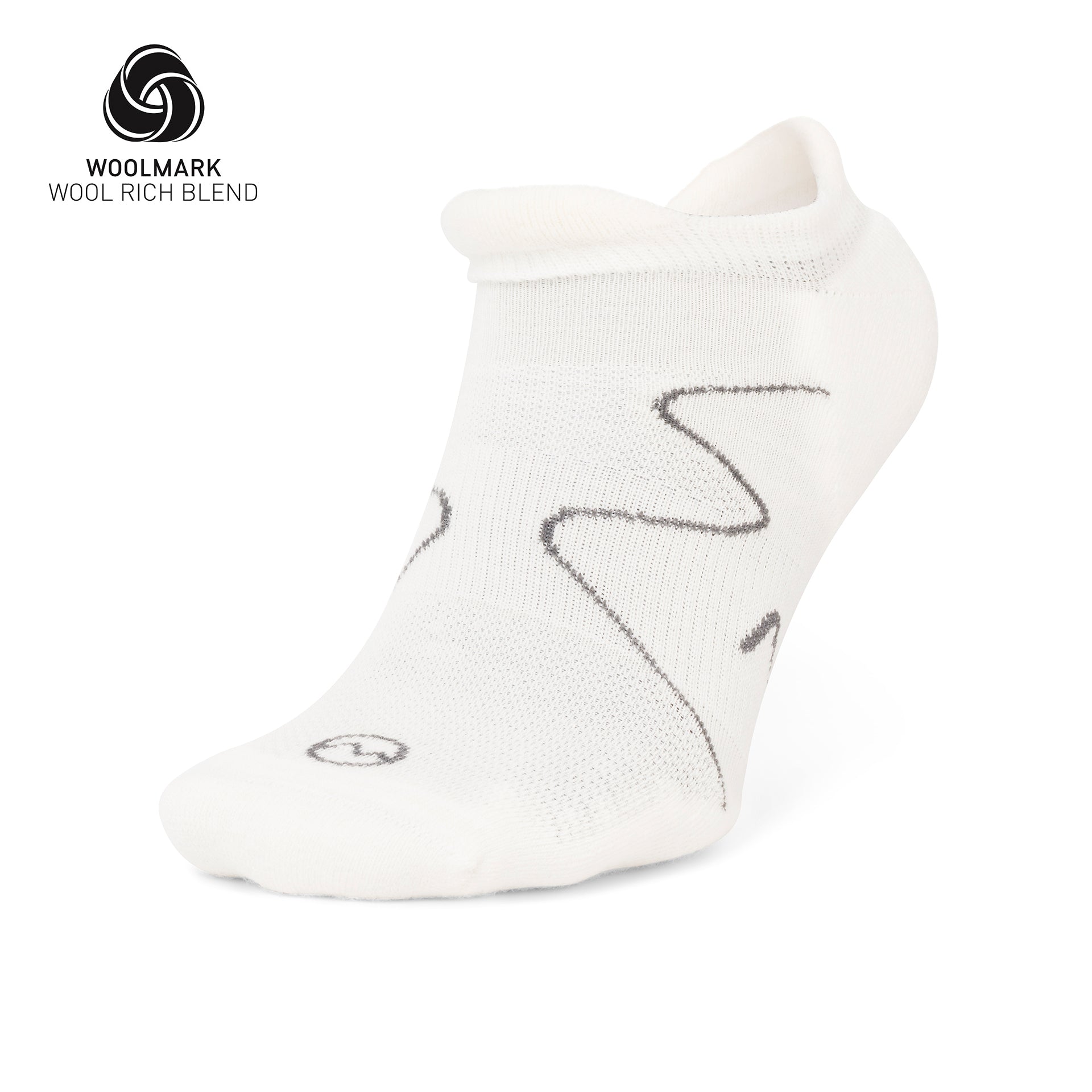 The Moggans Lightweight Merino No Show Sock is a single white ankle sock with subtle gray lines, featuring the Woolmark Wool Rich Blend logo. Enjoy its soft texture, minimal design, and invisible comfort for everyday wear.