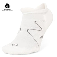 The Moggans Lightweight Merino No Show Sock is a single white ankle sock with subtle gray lines, featuring the Woolmark Wool Rich Blend logo. Enjoy its soft texture, minimal design, and invisible comfort for everyday wear.