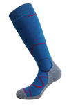 A single Moggans Intermediate Medium Cushion Ski Sock in blue and gray with red and black accents is shown on a white background. It features reinforced toe and heel areas for added comfort and cushioning.
