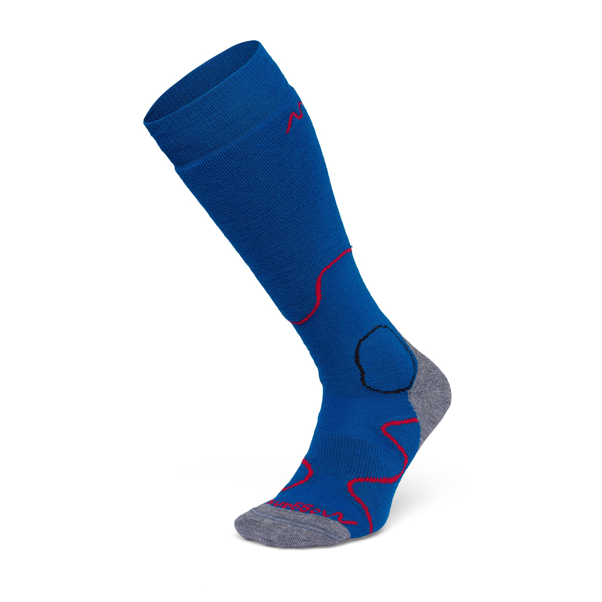 A single Moggans Intermediate Medium Cushion Ski Sock in blue and gray with red and black accents is shown on a white background. It features reinforced toe and heel areas for added comfort and cushioning.