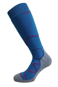 A single Moggans Intermediate Medium Cushion Ski Sock in blue and gray with red and black accents is shown on a white background. It features reinforced toe and heel areas for added comfort and cushioning.