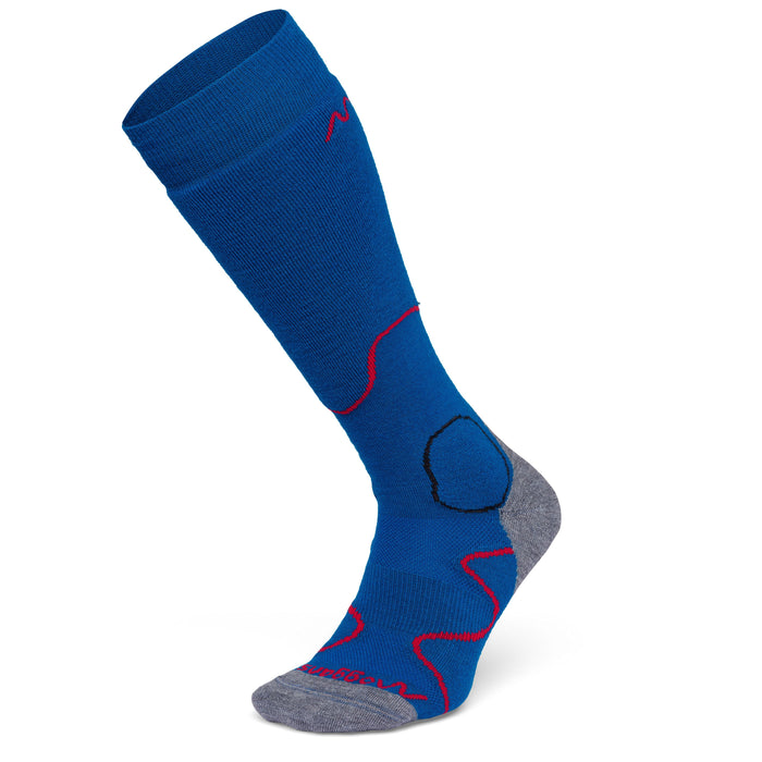A single Moggans Intermediate Medium Cushion Ski Sock in blue and gray with red and black accents is shown on a white background. It features reinforced toe and heel areas for added comfort and cushioning.