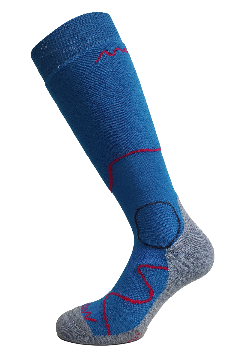 A single Moggans Intermediate Medium Cushion Ski Sock in blue and gray with red and black accents is shown on a white background. It features reinforced toe and heel areas for added comfort and cushioning.