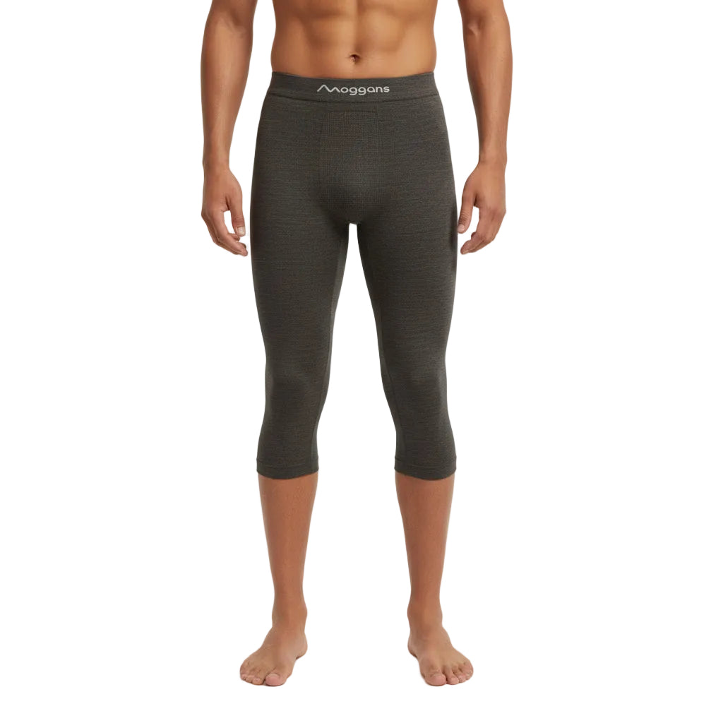 Men's Moggans Schiehallion 3/4 Merino Wool Leggings in charcoal grey, front view. 220gsm seamless construction for alpine skiing, mountaineering and cold-weather hiking.
