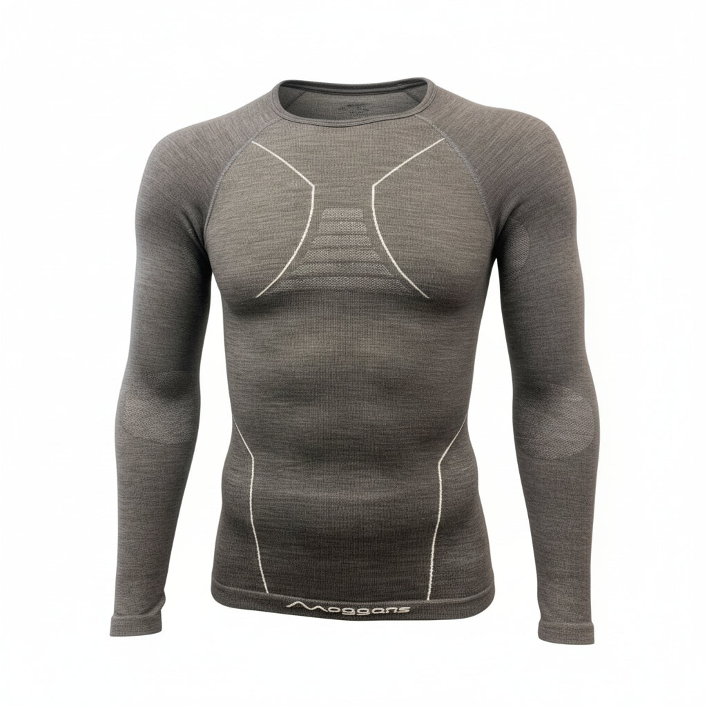 Men's Moggans Schiehallion Merino Wool Base Layer front view, showing seamless long sleeve design. Thermoregulating 56% Merino wool for skiing and mountaineering.
