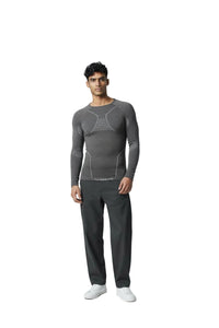 Men's Moggans Schiehallion Merino Wool Base Layer front view, highlighting seamless crew neck and long sleeve construction. Breathable Merino wool for skiing and hiking.
