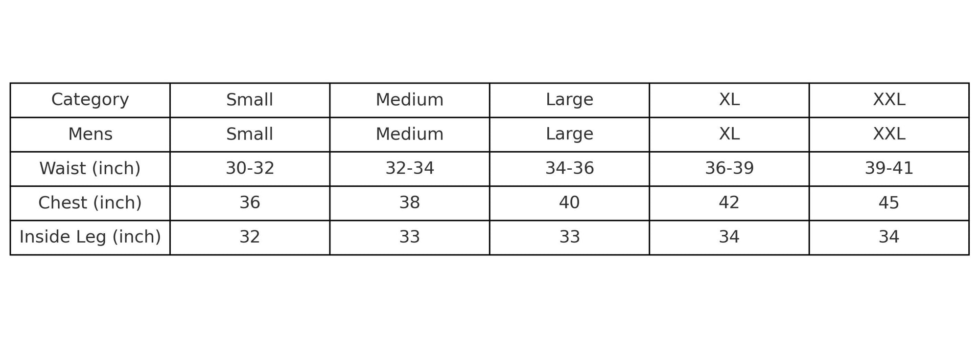 Sizing Chart of Moggans Schiehallion Base Layer and Leggings