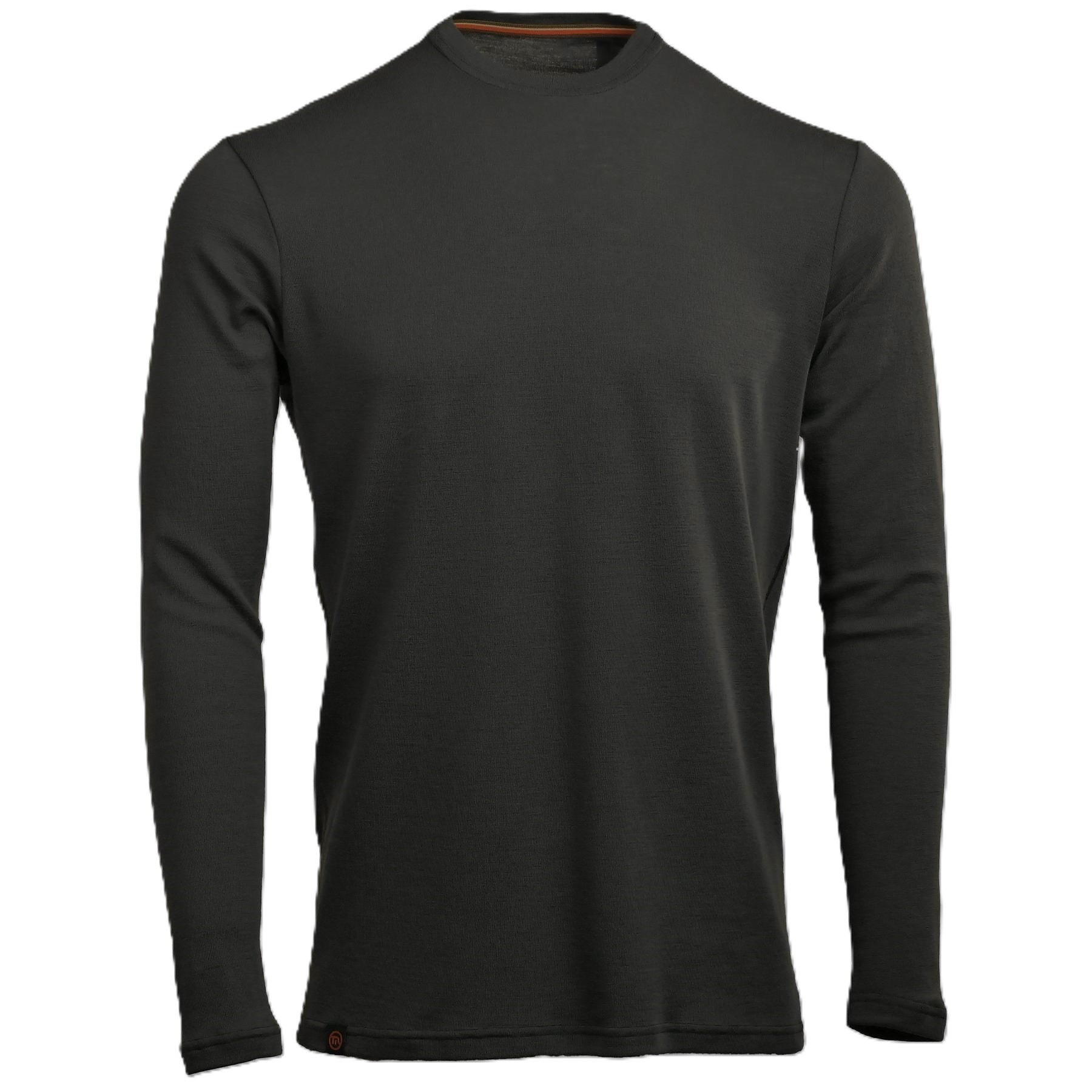 The Moggans Merino Long Sleeve Baselayer with TENCEL™ is shown on a white background. This soft, black, fitted crew neck features moisture-wicking fabric for thermoregulating comfort and has no visible logos or patterns.