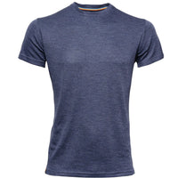 The Moggans Merino Short Sleeve Baselayer with TENCEL™ is a heathered navy blue crew neck t-shirt, lightweight and breathable for thermoregulation, shown on a white background.
