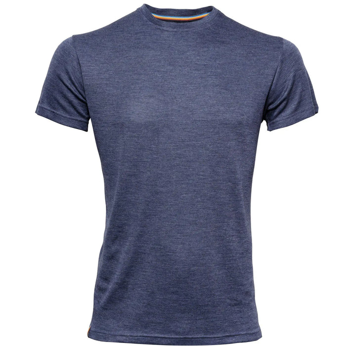 The Moggans Merino Short Sleeve Baselayer with TENCEL™ is a heathered navy blue crew neck t-shirt, lightweight and breathable for thermoregulation, shown on a white background.